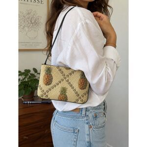 Vintage Pineapple Tapestry Shoulder Bag Y2K Tropical Zip Clutch Purse Green Trim
